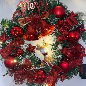 Pre Lit Merry Christmas Wreath with Twinkly Lights plus Reindeer Poinsettia Bell